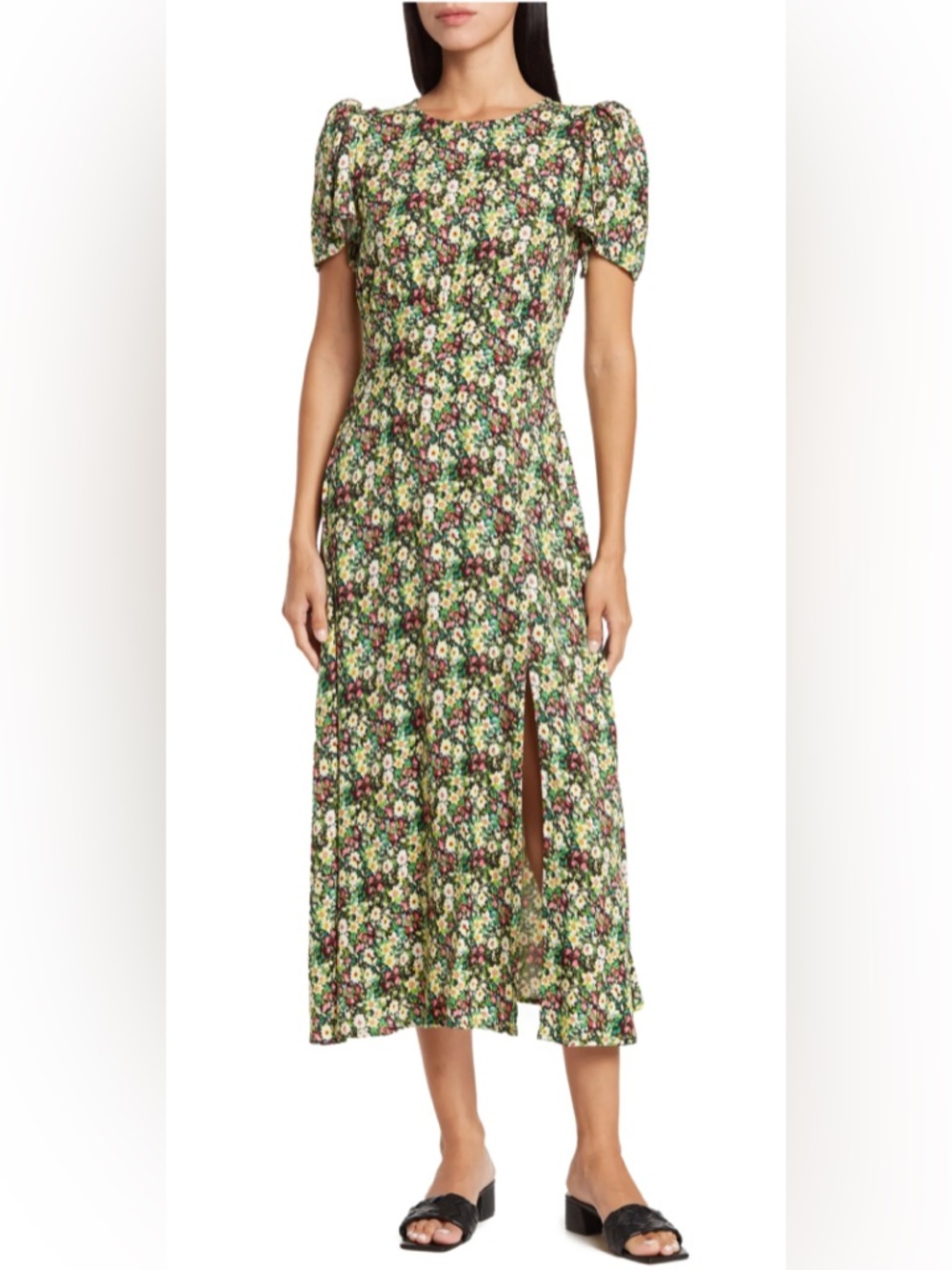 AFRM Green Floral Puff-Sleeve Midi Dress